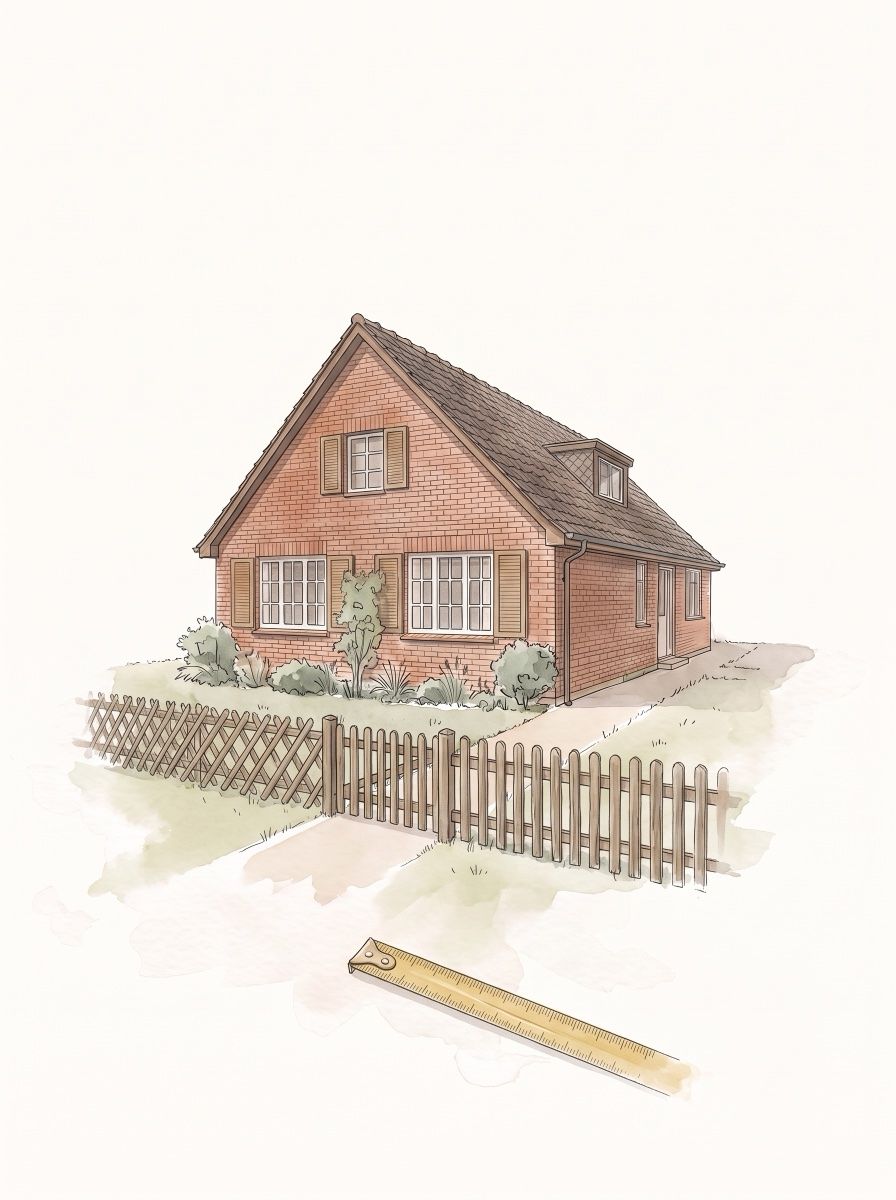 Aquarell: Klinker-Siedlungshaus mit Jägerzaun, davor ein goldenes Maßband