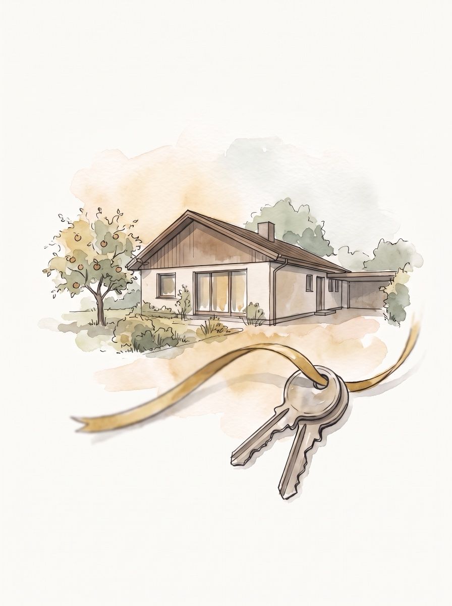 Aquarell: Einfamilienhaus der 1960er-Jahre mit Obstbaum, vorn ein Schlüsselbund am goldenen Band