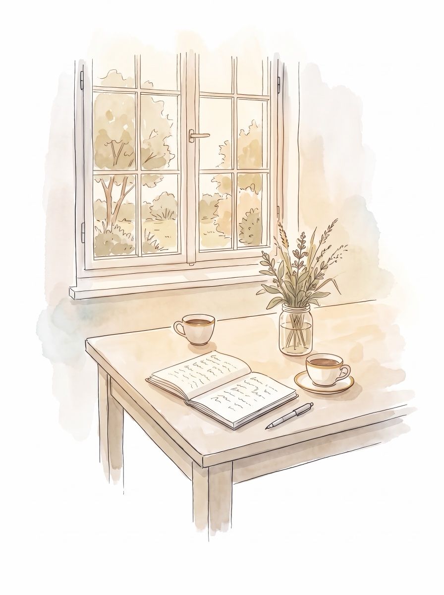 Aquarell: Küchentisch am Fenster mit zwei Kaffeetassen und Notizbuch