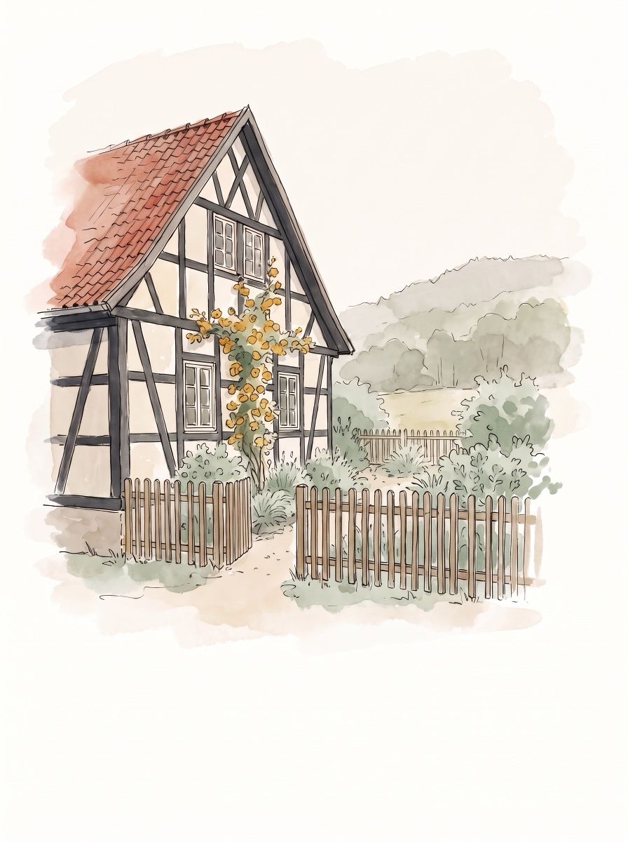 Aquarell: Fachwerkhaus mit Bauerngarten, dahinter bewaldete Hügel